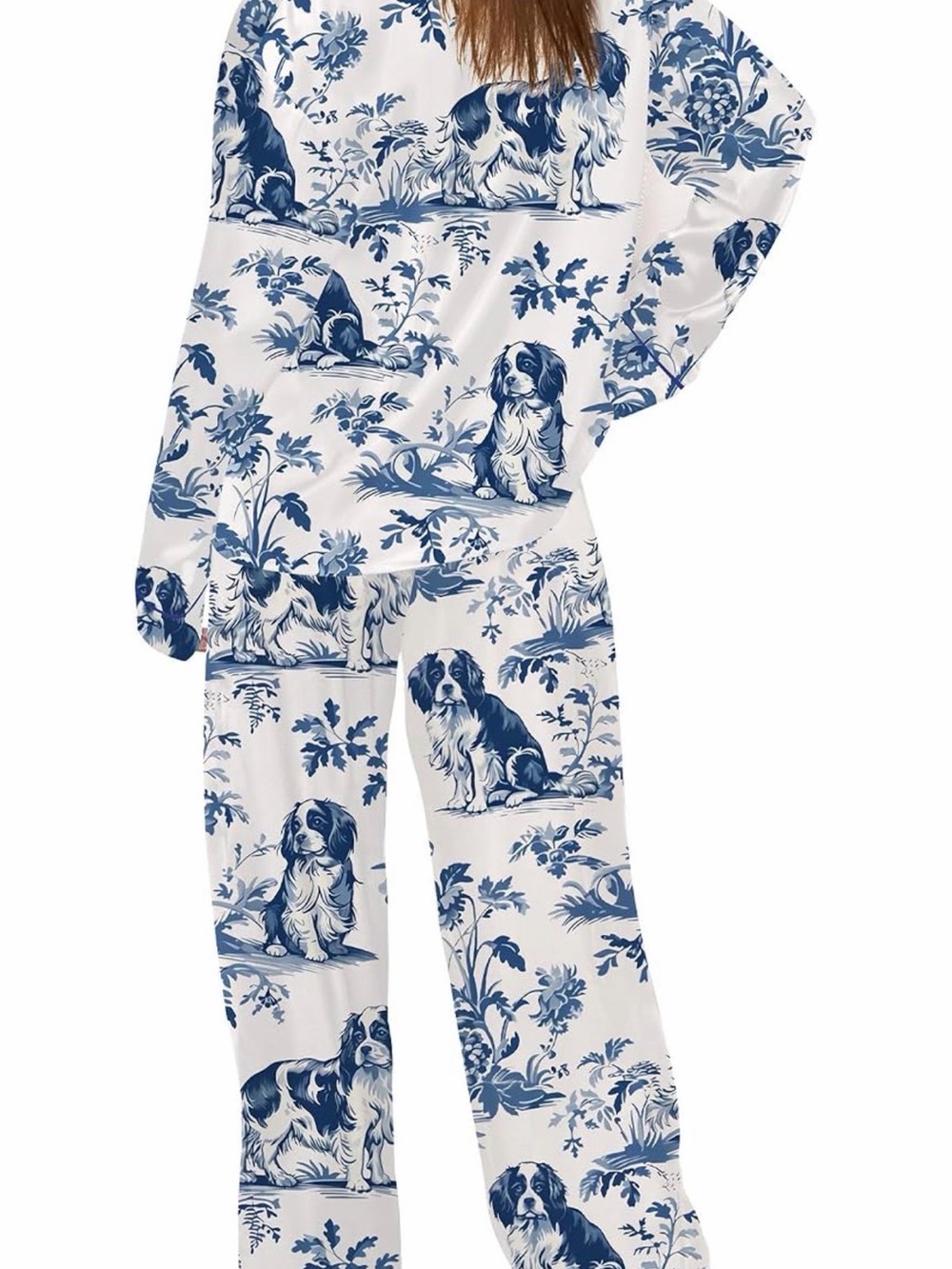 Satin Blue & White Dog Toile Women's Pajama Set